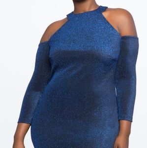 ELOQUII BLUE GLITTER OPEN SHOULDER DRESS